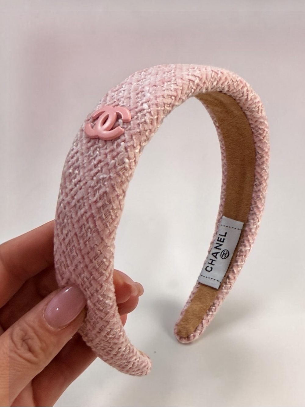 Pink Tweed Padded Headband with Logo - NEW
